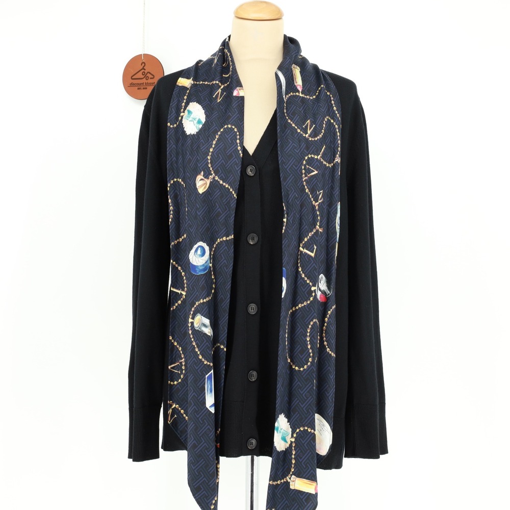 Lanvin‎ Paris Black Wool V-Neck Cardigan with Embellished Silk Scarf Size XL